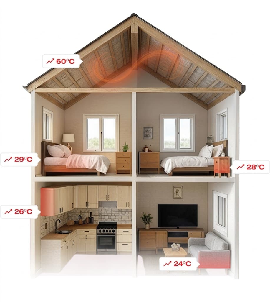 Thermal imaging showing heat distribution throughout a house